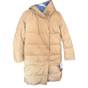 NWT BEANPOLE Reversible Goose Down Long Puffer Coat w/Hood Tan Blue Sz‎ 90/Small